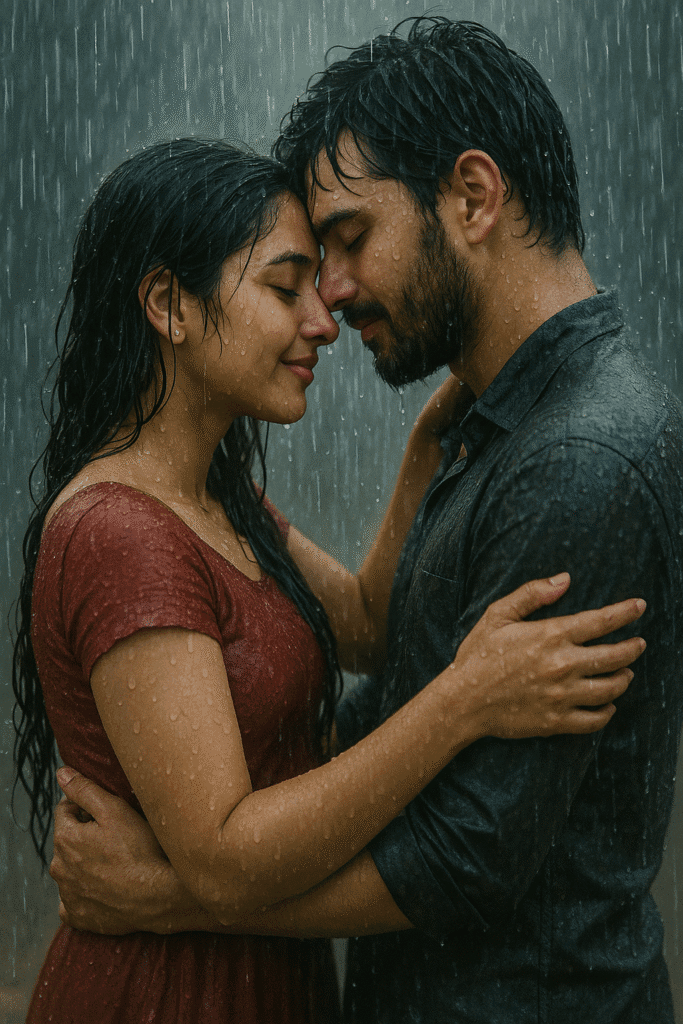 Romantic couple under the rain, sharing a love-filled moment – romantic love in a relationship
