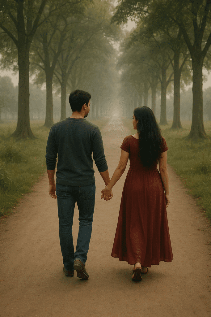 Romantic couple walking hand-in-hand on a beautiful life journey – romantic love in a relationship