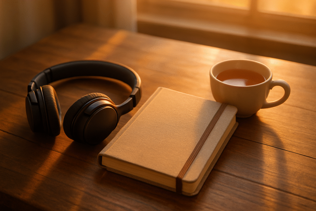 Headphones placed on a diary, symbolizing music and self-reflection.