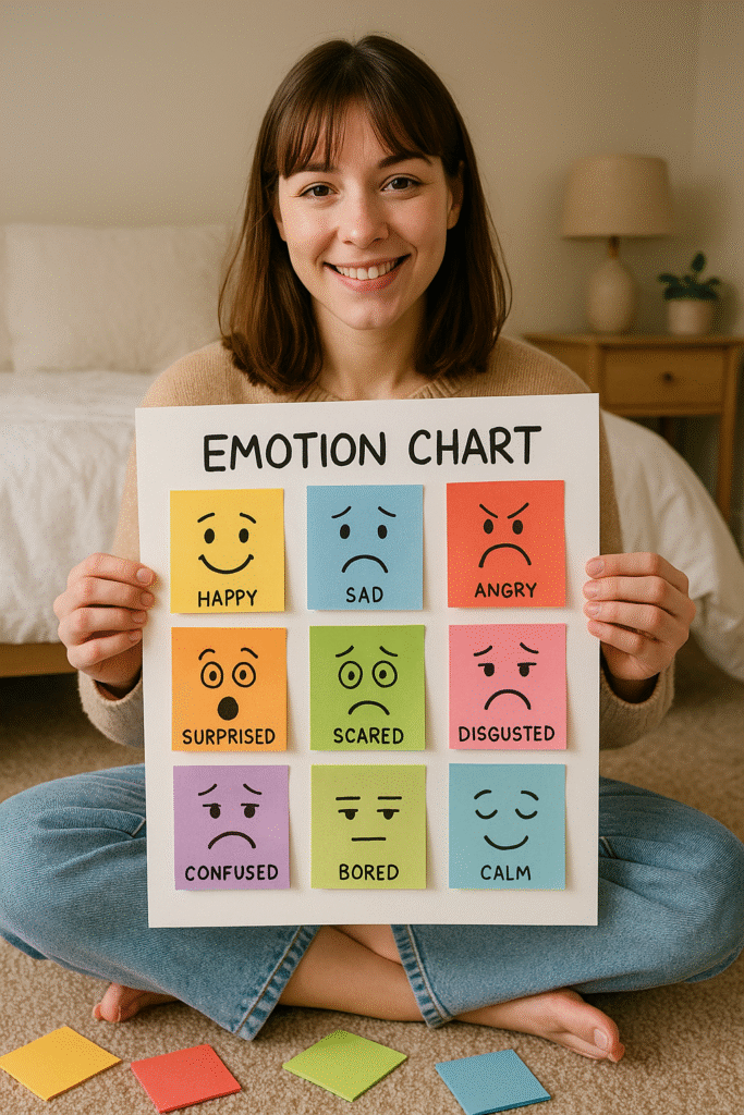 An emotion chart with colorful sticky notes around, held by a woman in her room sitting on the floor